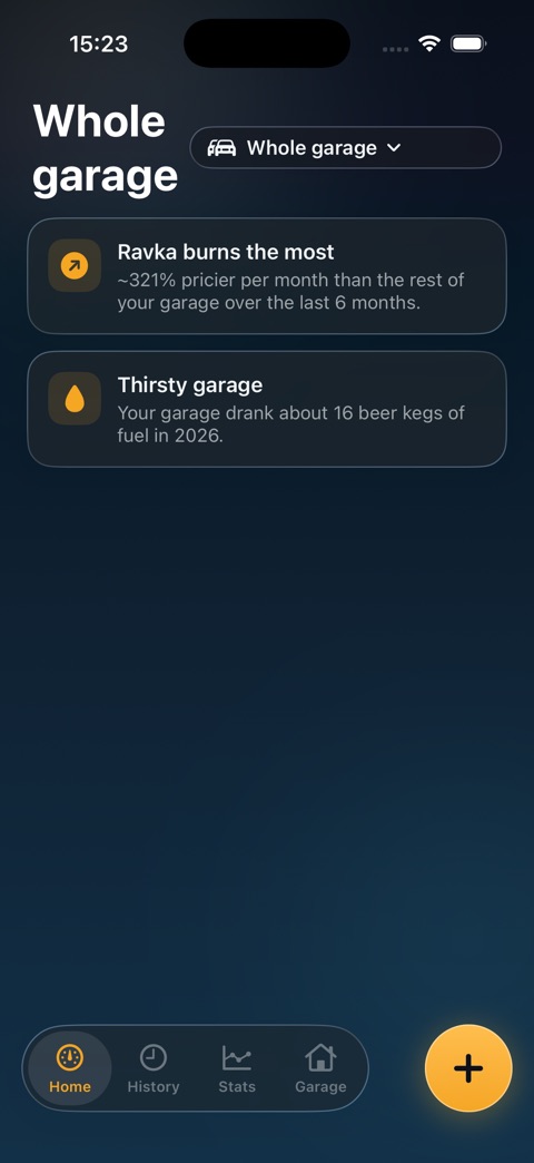 Juice garage dashboard on iPhone comparing running costs across several vehicles