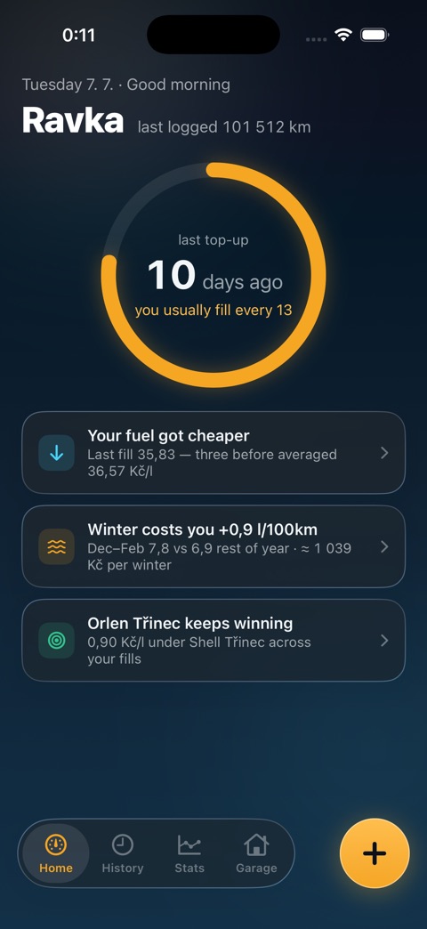 Juice home screen on iPhone showing the fill-cadence ring, next-refill forecast and fuel insights